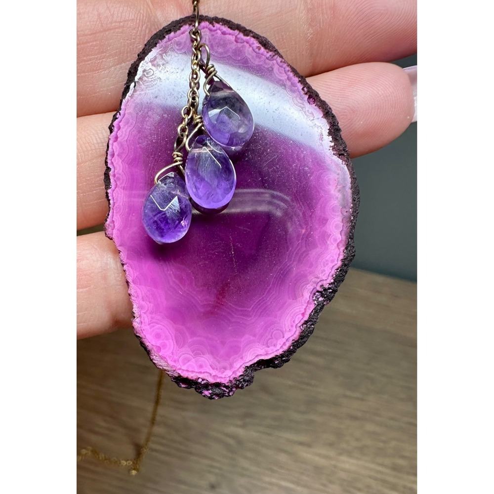 Large Natural Amethyst Agate Slice Necklace Genuine Amethyst Drop Charms 19"